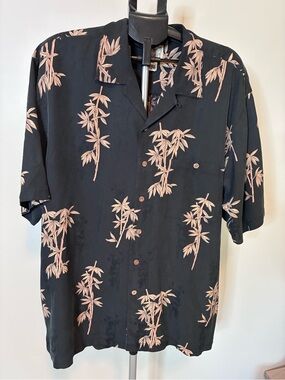 LUAU Finest Silk Hawaiian Camp Shirt Men’s XL Black Tan Bamboo Print 100% Silk